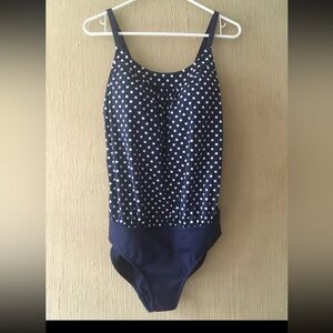 Land’s end one piece swimsuit sz 10 navy Blue White Polka Dot blouson top 483590